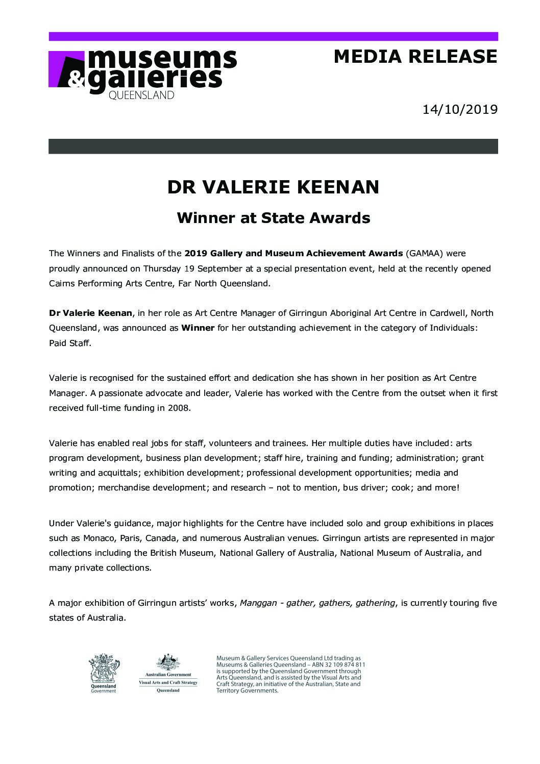 Museums and Galleries Qld – GAMAA Award